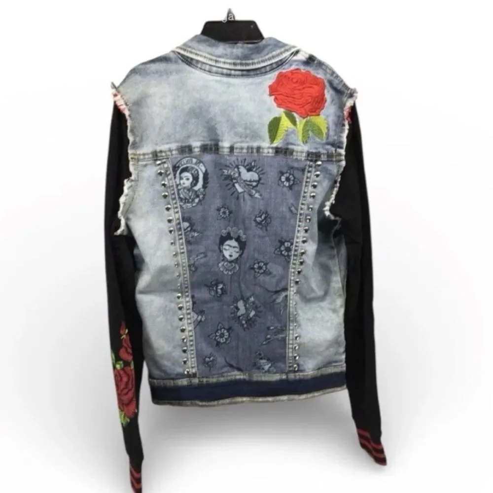 ¡Ay Güey! MX XS Denim Jacket Frida Kahlo Rose Studded Stretch Jean Jacket. XS - Picture 5 of 8